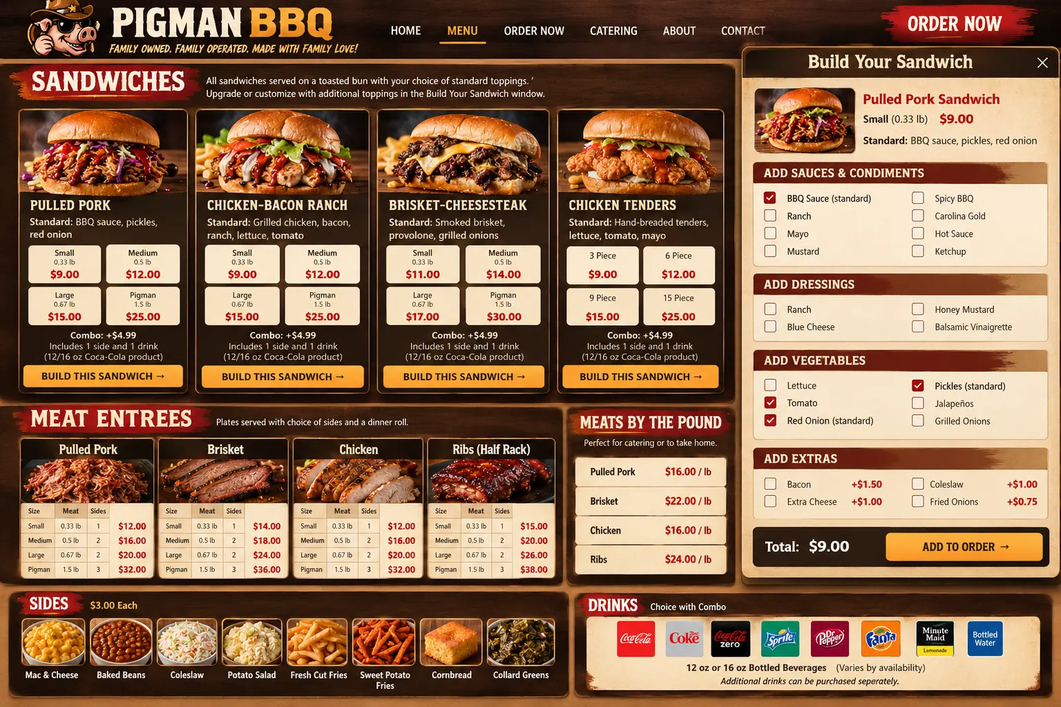 Pigman BBQ rustic menu concept with smoked meats, sandwiches, sides and sandwich customization